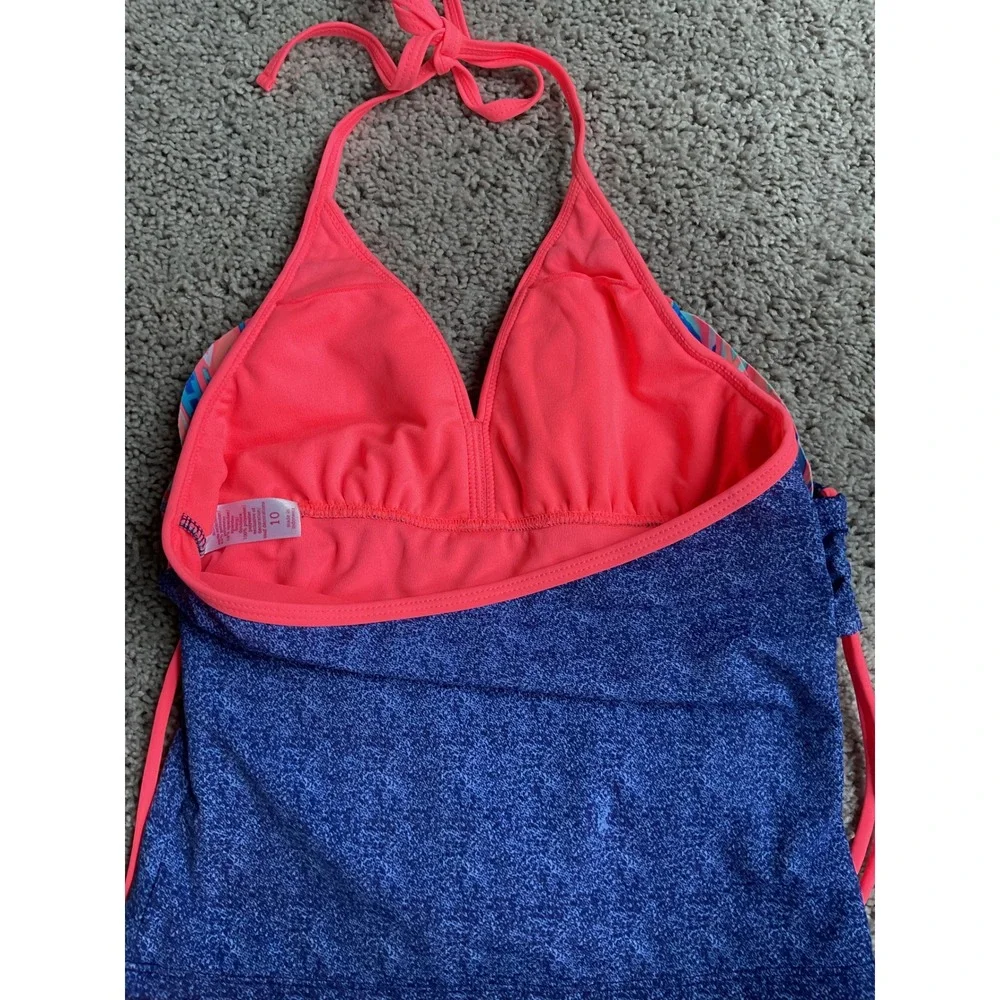 Justice Girls Blue Pink Geometric Ruffle Tankini Two Piece Swimsuit Size 10